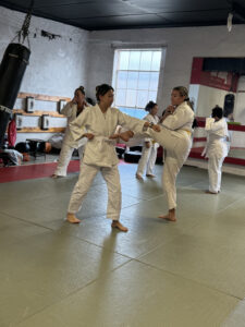 Women practicing kicking drills during a martial arts class at Zhang Sah